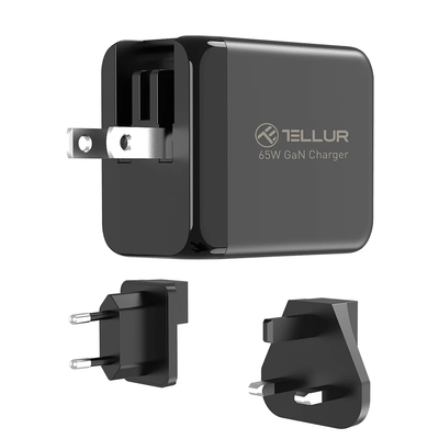 Tellur GaN 65W 3-port wall charger, 2xUSB-C + USB-A, EU,UK,US, black