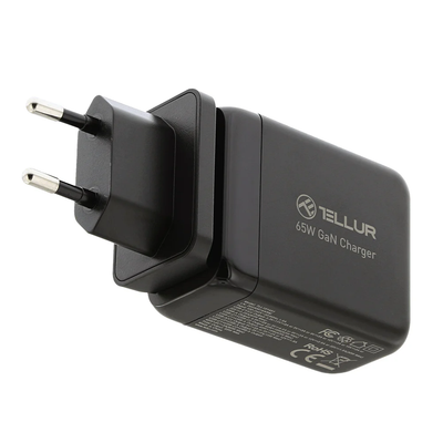 Tellur GaN 65W 3-port wall charger, 2xUSB-C + USB-A, EU,UK,US, black