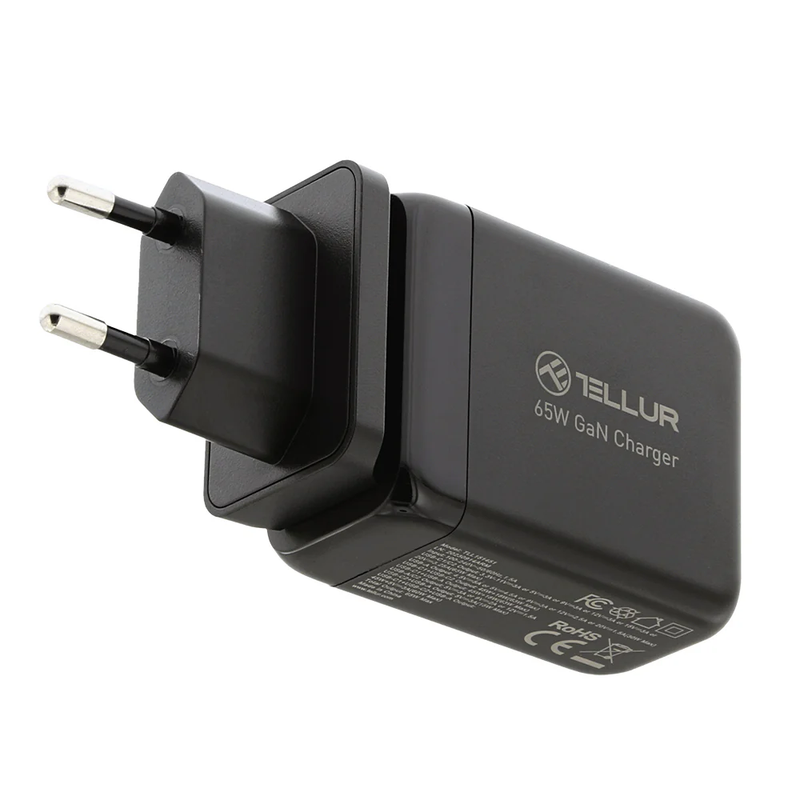 Настенное зарядное устройство Tellur GaN 65 Вт, 3 порта, 2xUSB-C + USB-A, ЕС, Великобритания, США, черный