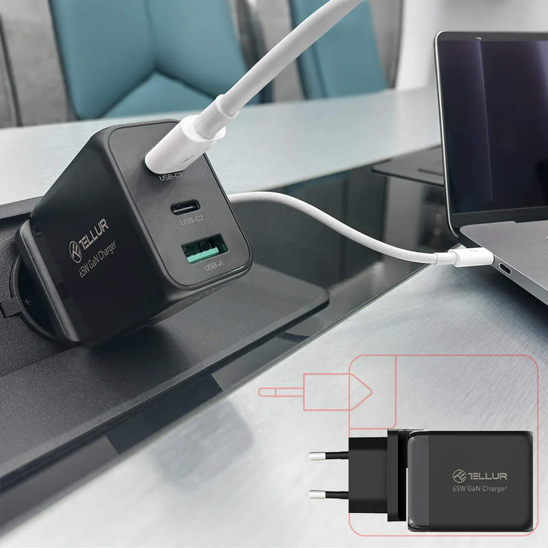 Настенное зарядное устройство Tellur GaN 65 Вт, 3 порта, 2xUSB-C + USB-A, ЕС, Великобритания, США, черный