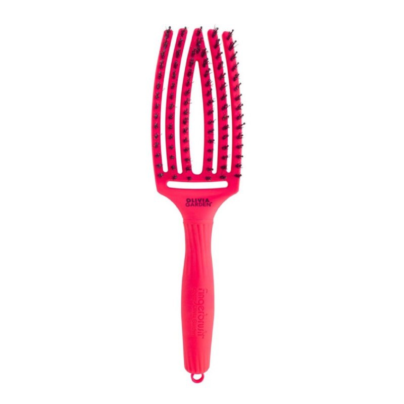 Lenktas šepetys plaukams Olivia Garden Fingerbrush Neon Pink OG01806, skirtas plaukų džiovinimui