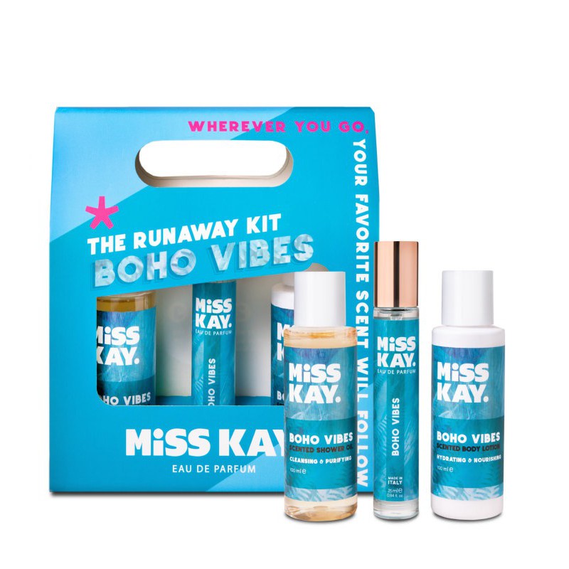 Parfumuotas kūno priežiūros priemonių rinkinys Miss Kay The Runaway Set Boho Vibes MISS40144, rinkinį sudaro: dušo aliejus 100 ml, parfumuotas vanduo 25 ml, kūno losjonas 100 ml