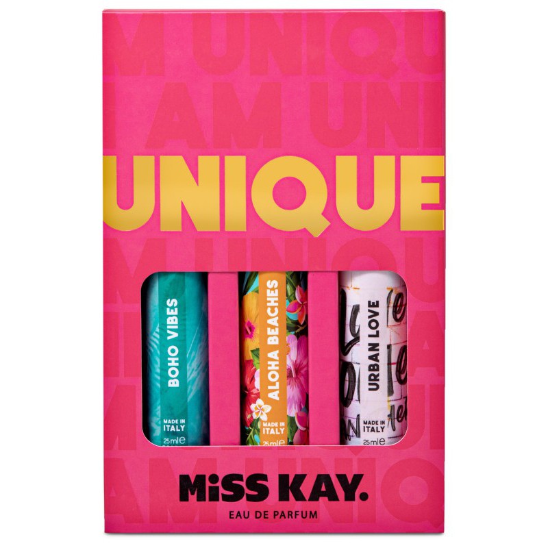 Parfumuoto vandens rinkinys Miss Kay I Am Unique Kit MISS40143, rinkinį sudaro: parfumuotas vanduo Urba Love 25 ml, parfumuotas vanduo Aloha Beaches 25 ml, parfumuotas vanduo Boho Vibes 25 ml