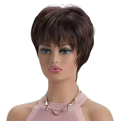 Sintetinis trumpų rudų plaukų perukas