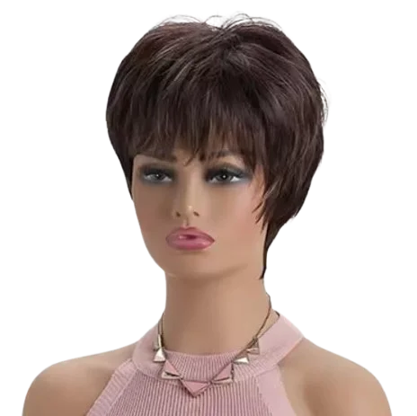 Sintetinis trumpų rudų plaukų perukas