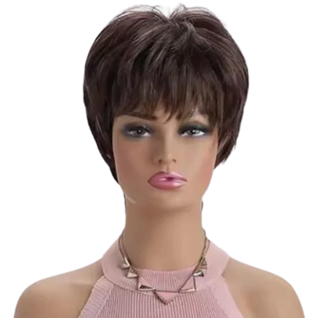 Sintetinis trumpų rudų plaukų perukas
