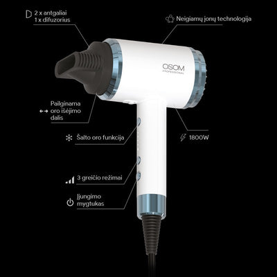 Фен Osom Professional White Hair Dryer, белый цвет, 1800 Вт + подарочный продукт для волос Previa