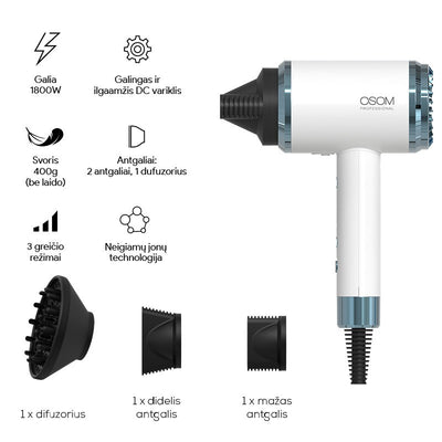 Hair dryer Osom Professional White Hair Dryer, white color, 1800 W + gift Previa hair product