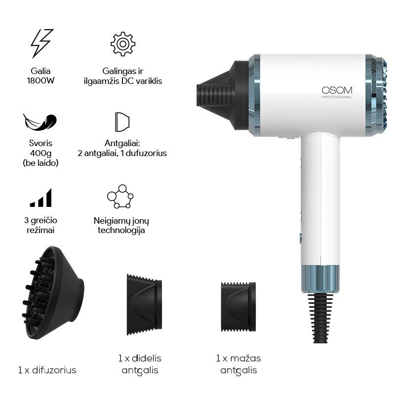 Фен Osom Professional White Hair Dryer, белый цвет, 1800 Вт + подарочный продукт для волос Previa