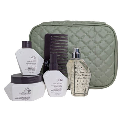 Hair care set L'Alga SEATRAVEL Beauty Bag LALA600415, set includes: hair shampoo 50 ml, hair mask 100 ml, hair lotion-mist 50 ml, perfumed hair mist 85 ml, leave-in hair mask 5 ml, hair comb