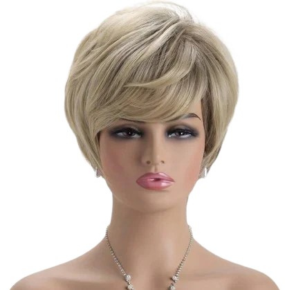 Šviesių plaukų sintetinis perukas su kirpčiukais