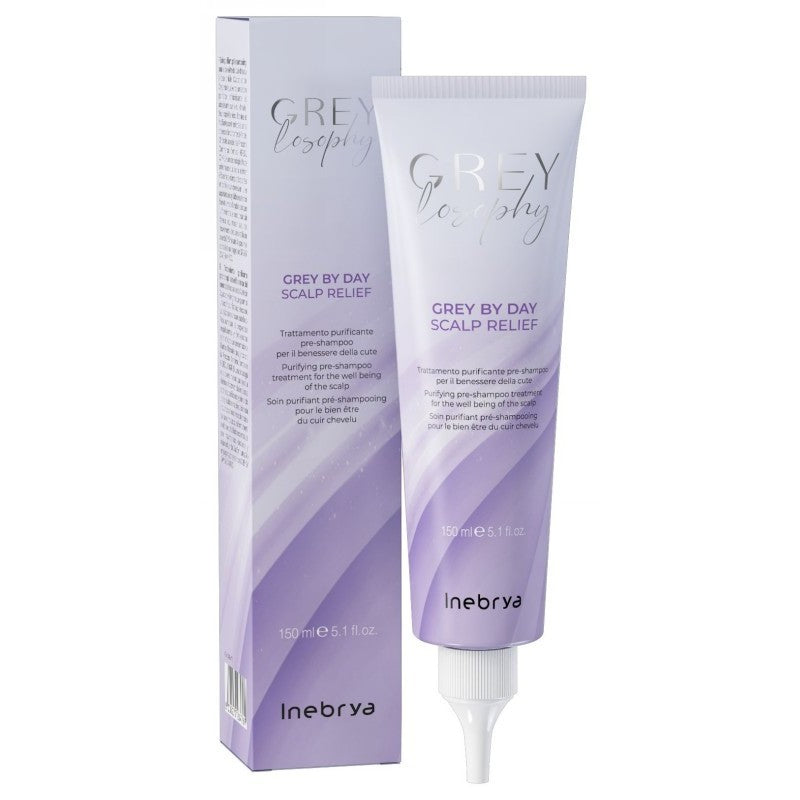 Inebrya GREYLOSOPHY Gray By Day Scalp Relief Purifying Pre-Shampoo Treatment ICE26476, used before washing hair, 150 ml