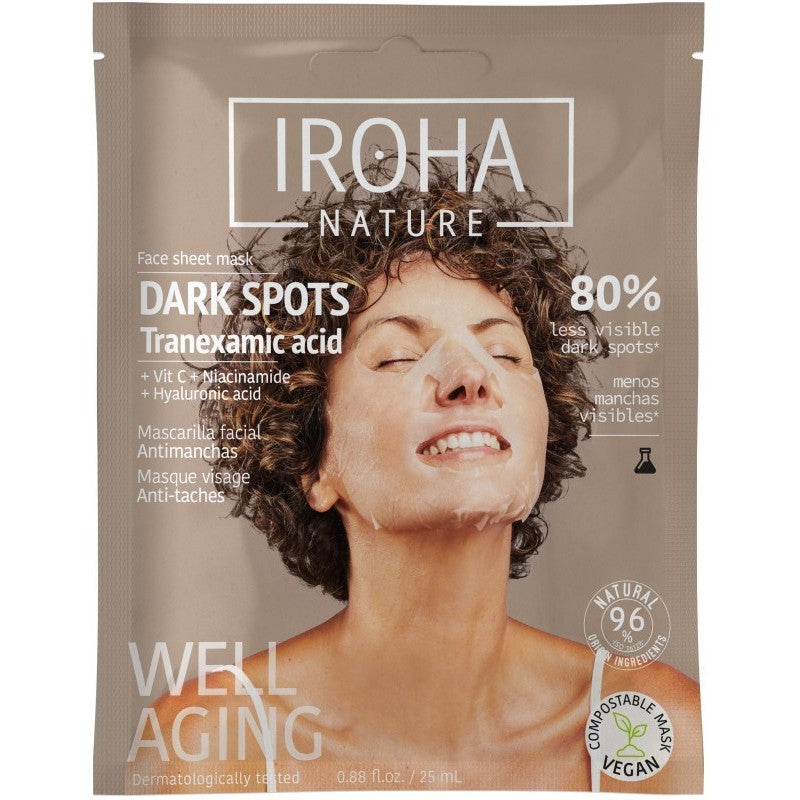 Veido kaukė Iroha Nature Dark Spots Face Sheet Mask With Tranexamic Acid, Niacinamide, Vitamin C & Hyaluronic Acid MTIN45, su traneksamo rūgštimi, niacinamidu, vitaminu C ir hialurono rūgštimi, 25 ml