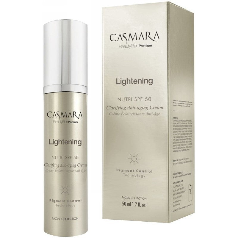 Veido odą skaistinantis ir odos senėjimą stabdantis kremas Casmara Lightening Nutri Clarifying Anti-aging Cream CASA32001, su apsauga nuo saulės SPF 50, 50 ml