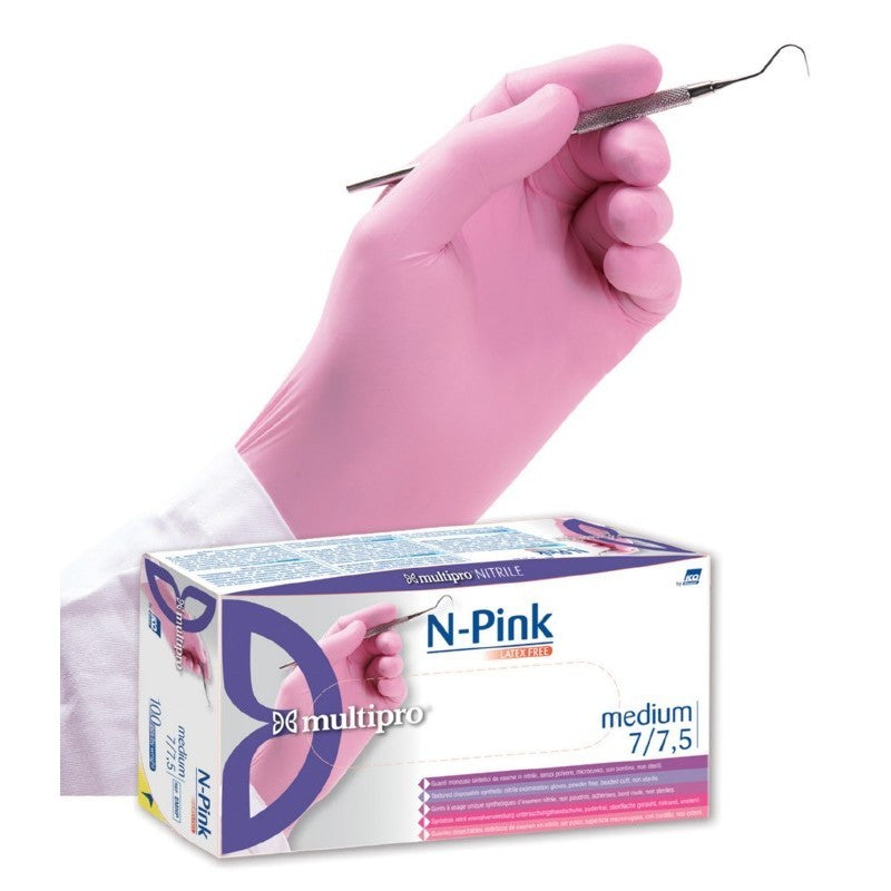 Vienkartinės nitrilinės pirštinės Icoguanti EMNPM be pudros, M dydžio, rožinės, 0,09 mm storio, 100 vnt.