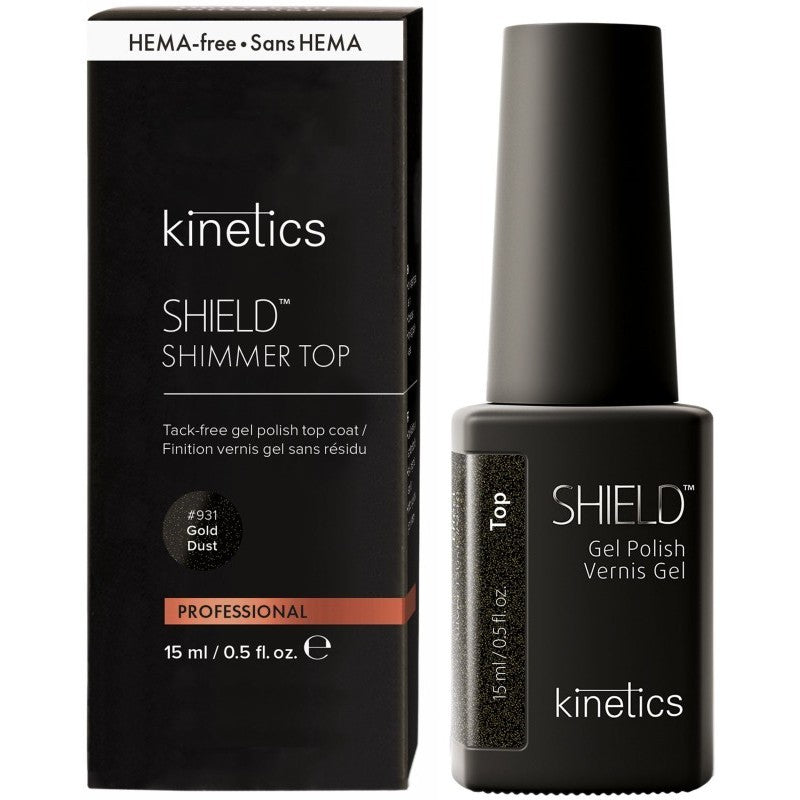 Viršutinis gelio lako sluoksnis Kinetics Shield Shimmer Top Gold Dust 931 KSST931, su aukso spalvos blizgučiais, 15 ml