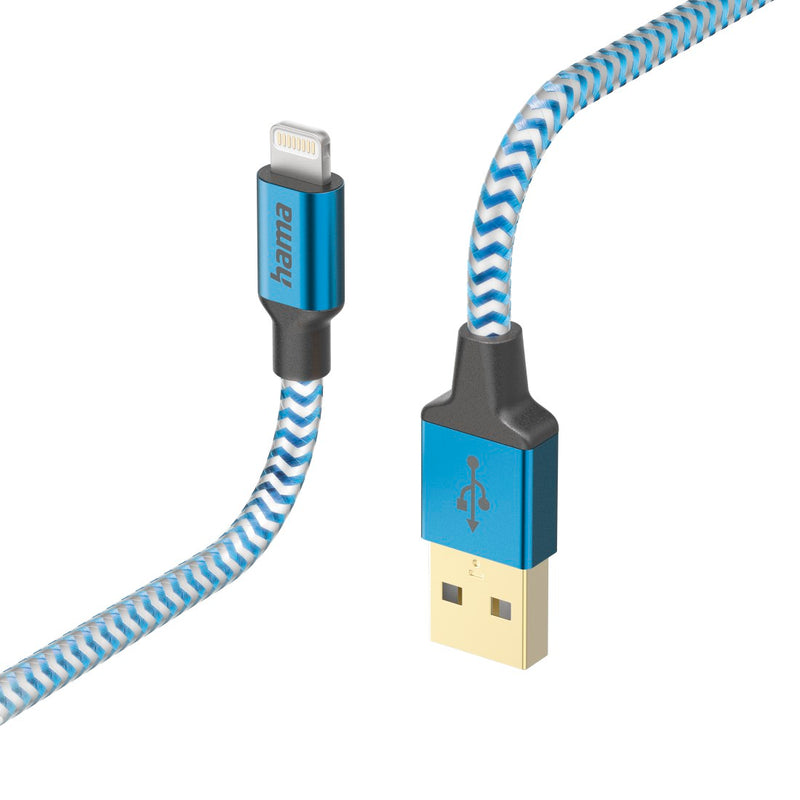 Hama 00201553 Reflective Charging Cable, USB-A - Lightning 1.5m Nylon blue