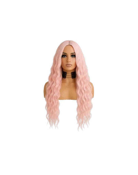 Sintetinis rožinis garbanotas perukas