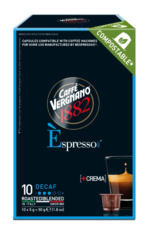 Coffee capsules Vergnano Espresso Decaffeinated, disintegrating capsules