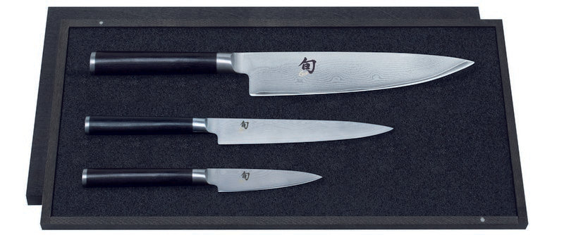 Damascus steel knife set, 3 pcs, DM-0700 + DM-0701 + DM-0706, Kai, DMS-300
