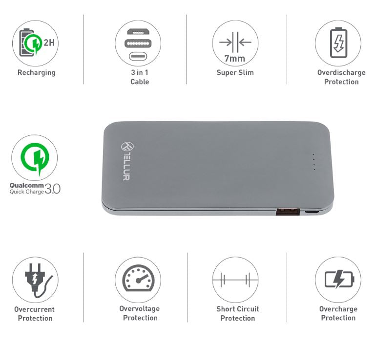 Tellur Power Bank QC 3.0 Fast Charge, 5000 мАч, 3 в 1, серый