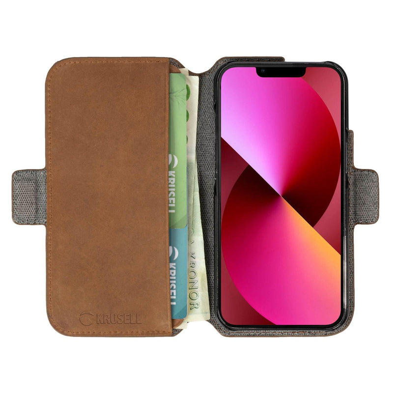 Кожаный телефонный кошелек Krusell Apple iPhone 13 mini коньячный (62397)