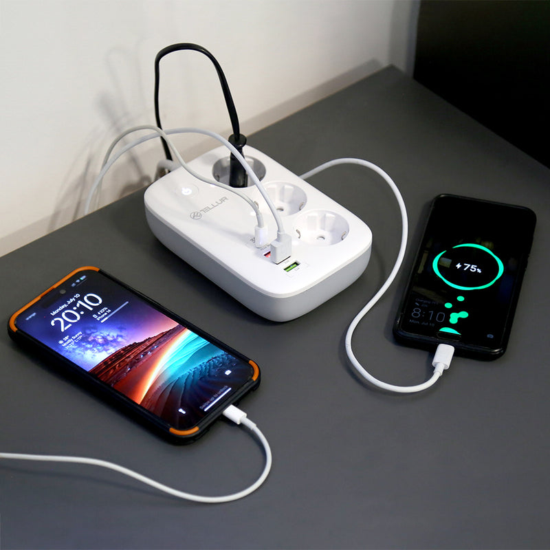 Удлинитель Tellur Smart WiFi, 3 розетки, PD30W, QC18W, 2xUSB 2,4 А, 2500 Вт, 10 А, 2 м