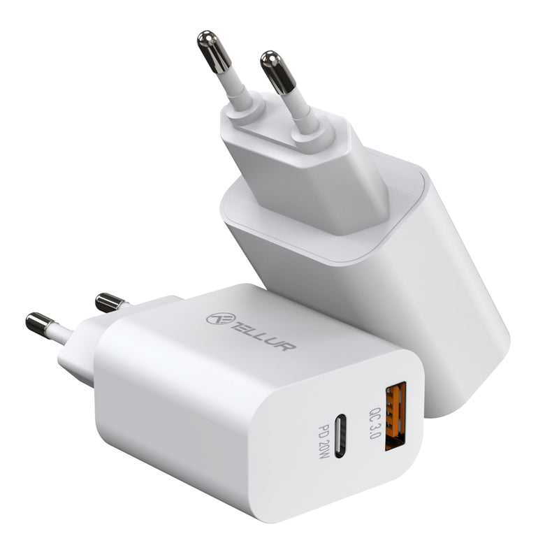 Tellur Dual Port Wall Charger PDHC PD 20W + QC3.0 18W White