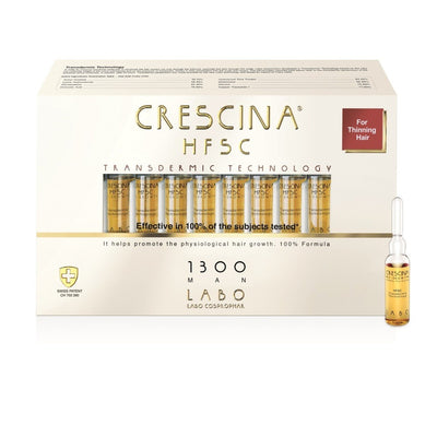 CRESCINA TRANSDERMIC RE-GROWTH HFSC 100% plaukų ataugimą skatinančios ampulės VYRAMS, 1300 stiprumo, 20 vnt. +dovana plaukų šampūnas
