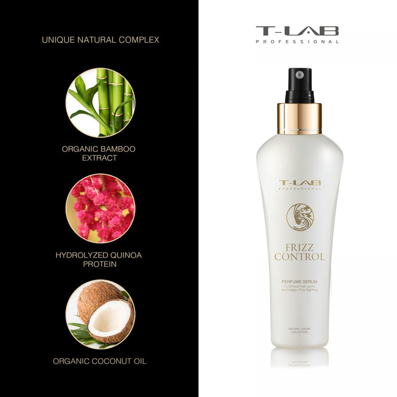 T-LAB Professional Frizz Control Perfume Serum Parfumuotas serumas garbanų kontrolei 150ml +dovana prabangus namų kvapas su lazdelėmis