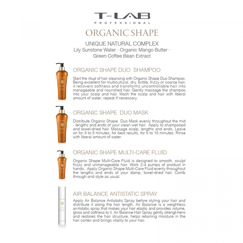 T-LAB Professional Organic Shape Duo Mask Mask for curly or unmanageable hair 300ml + gift