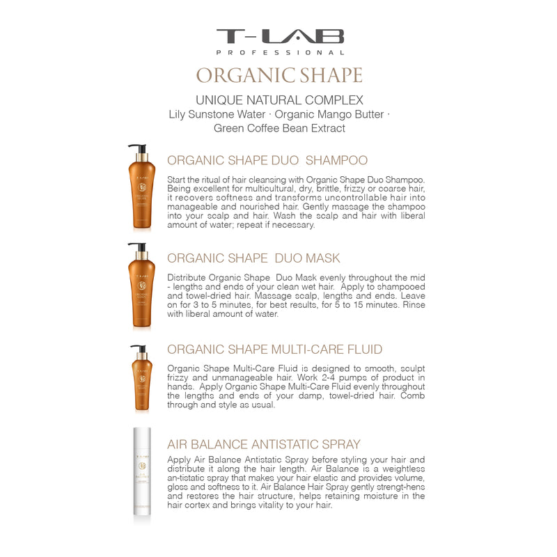T-LAB Professional Organic Shape Duo Shampoo Garbanotų ar sunkiai suvaldomų plaukų šampūnas 300ml