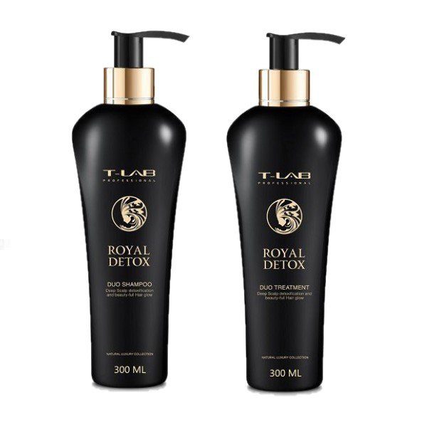 T-LAB Professional Royal Detox Duo Shampoo – detoksikuojantis šampūnas 300ml ir T-LAB Professional Royal Detox Duo Treatment – detoksikuojantis kondicionierius-kaukė 300ml