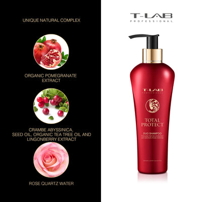 T-LAB Professional Total Protect Duo Shampoo Dažytų ar chemiškai apdorotų plaukų šampūnas 300ml +dovana prabangus namų kvapas su lazdelėmis