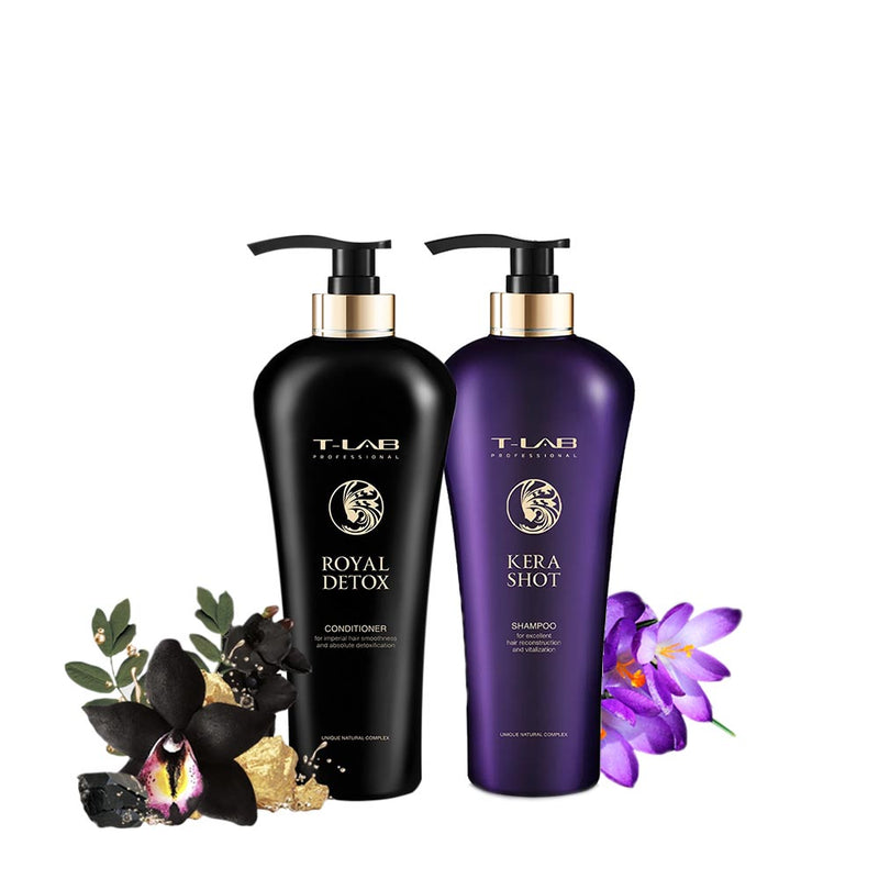 T-LAB Professional Kera Shot – shampoo for hair restoration and revitalization 750 ml and T-LAB Professional Royal Detox Conditioner – Detoxifying conditioner-mask 750 ml