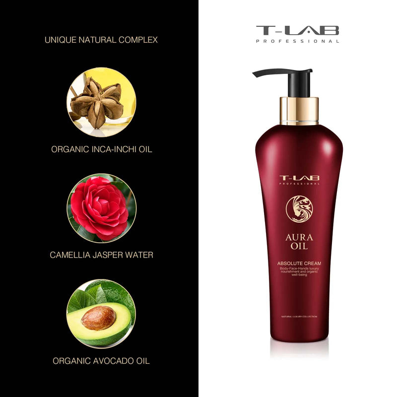 T-LAB Professional Aura Oil Absolute Cream Luxury body cream 300 ml + gift luxury home fragrance with sticks