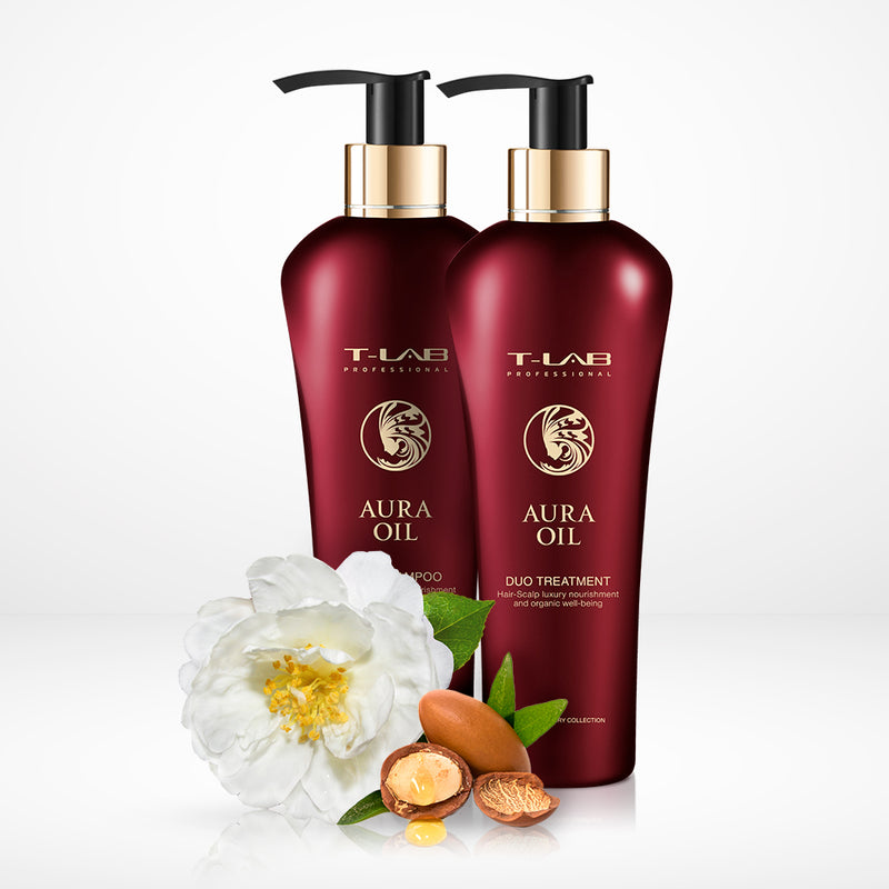 T-LAB Professional Aura Oil Duo Shampoo – Šampūnas prabangiam plaukų švelnumui ir natūraliam grožiui 300ml, T-LAB Professional Aura Oil Duo Treatment – Kondicionierius – Kaukė prabangiam plaukų švelnumui ir natūraliam grožiui 300ml