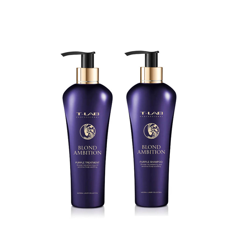 T-LAB Professional Blond Ambition Purple Shampoo – Purpurinis šampūnas 300ml ir T-LAB Professional Blond Ambition Purple Treatment – Purpurinė kaukė 300ml