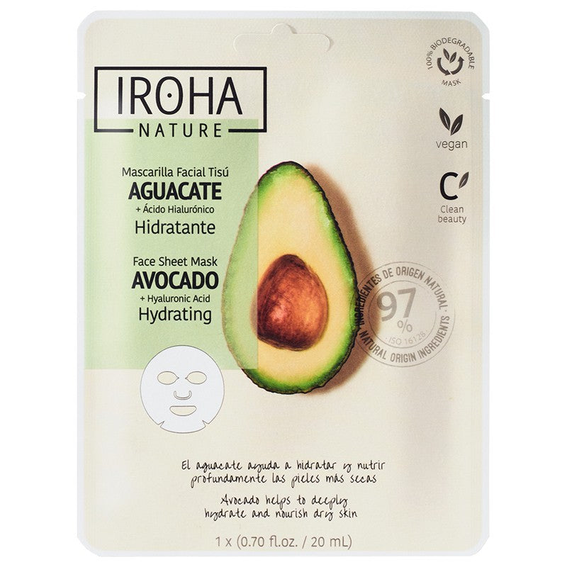 Iroha Hydrating Face Sheet Mask Avocado &amp; Hyaluronic Acid MTIN25, with avocado and hyaluronic acid