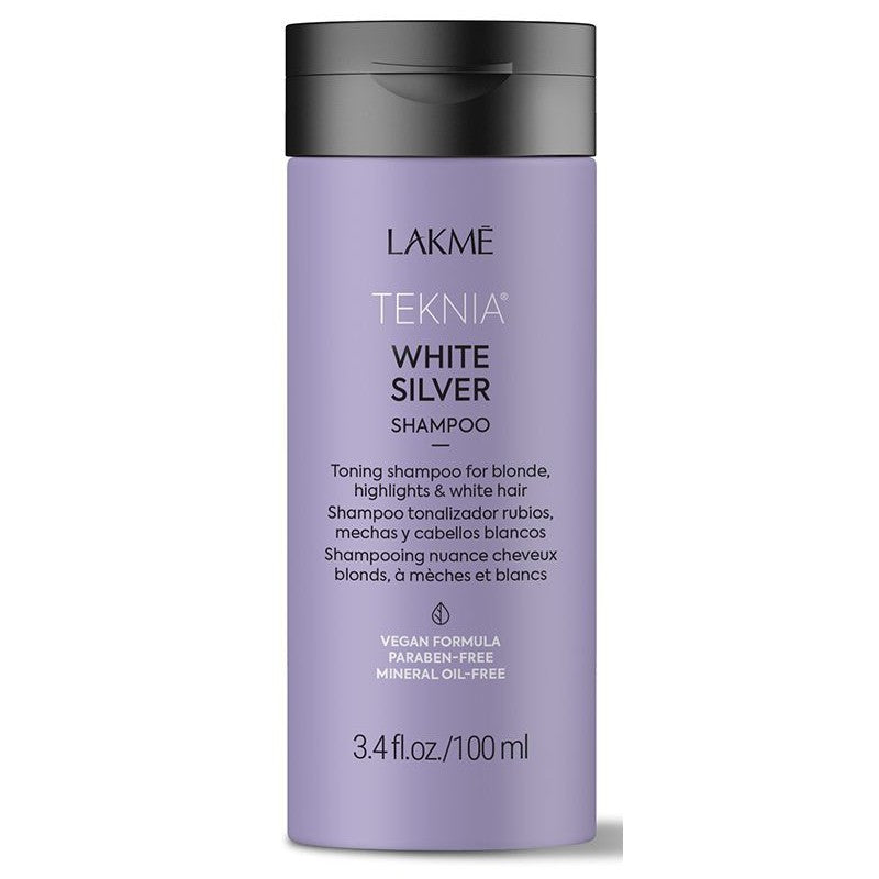 Geltoną atspalvį neutralizuojantis šampūnas plaukams Lakme Teknia White Silver Shampoo LAK44013, 100 ml +dovana Previa plaukų priemonė