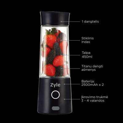 Zyle ZY015RBB Rechargeable Portable Cocktail Shaker with Titanium Coated Blade, Black