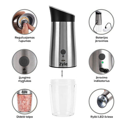 Rechargeable salt and pepper grinder Zyle ZY206SGR, electric, automatic