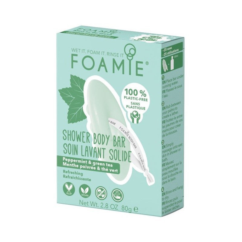 Kietasis kūno prausiklis Foamie 2 in 1 Body Bar Mint To Be Fresh FMBBMF1001, drėkinantis, su pipirmėčių aliejumi ir žaliąja arbata
