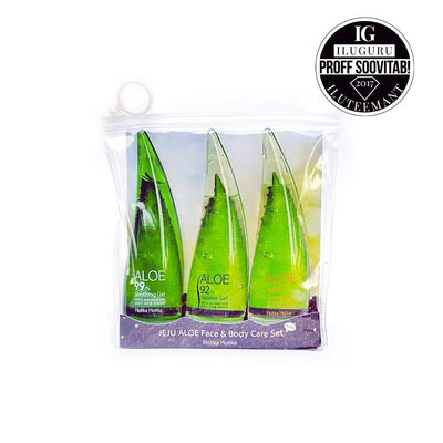 Body and face skin care set Holika Holika Jeju Aloe Face And Bodycare Set The set includes: skin soothing gel 55 ml, shower gel 55 ml and facial skin cleanser 55 ml