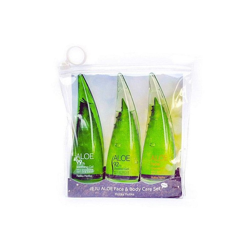 Body and face skin care set Holika Holika Jeju Aloe Face And Bodycare Set The set includes: skin soothing gel 55 ml, shower gel 55 ml and facial skin cleanser 55 ml