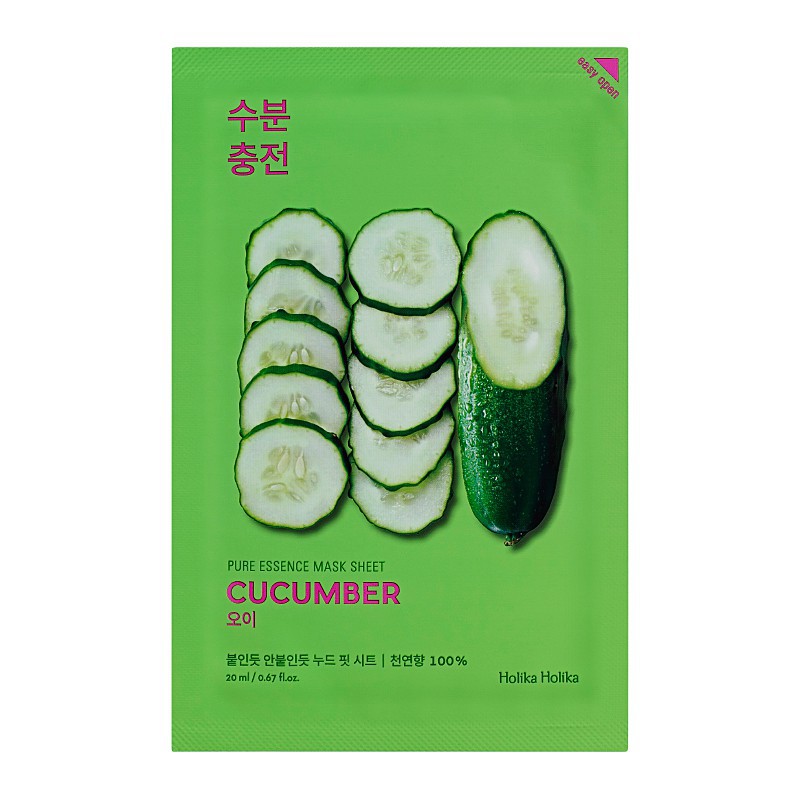 Sheet face mask with cucumber extract Holika Holika Pure Essence Mask Sheet - Cucumber Pleasantly cools the face skin 20 ml