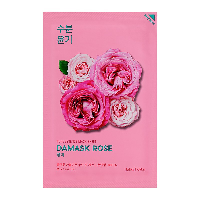 Lakštinė veido kaukė su rožių aliejumi Holika Holika Pure Essence Mask Sheet - Damask Rose šviesina veido odą 20 ml