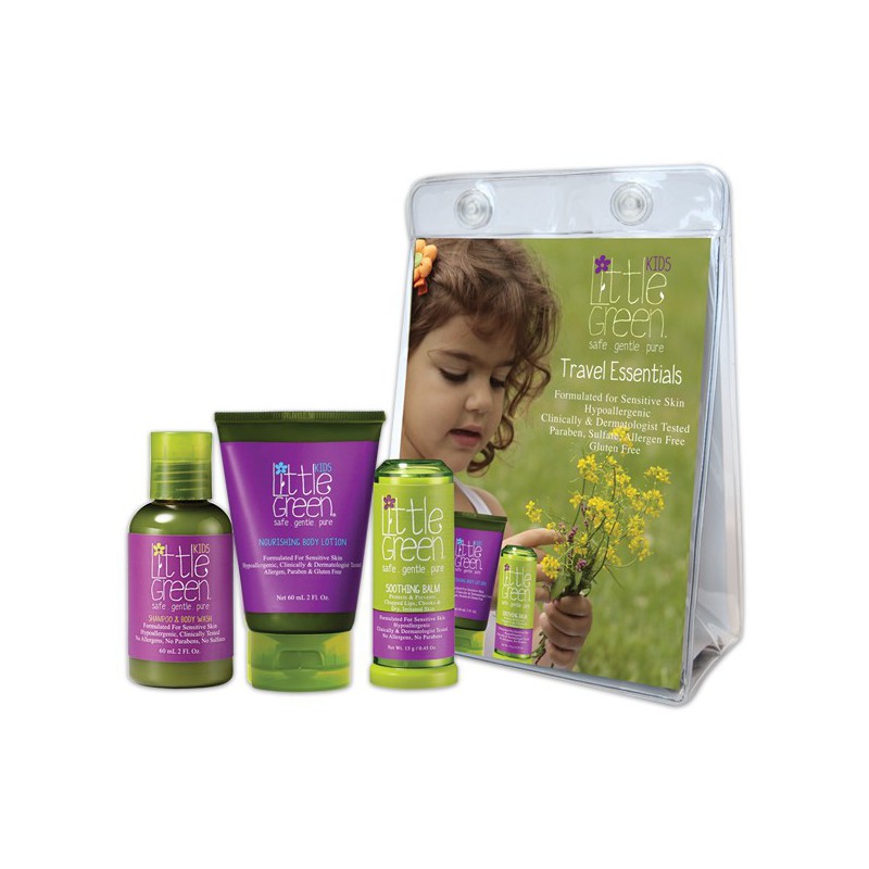 Mini plaukų ir kūno priežiūros rinkinys vaikams Little Green Kids Travel Essentials PRLG13102, rinkinį sudaro: plaukų šampūnas ir kūno prausiklis 60 ml, kūno losjonas vaikams 60 ml ir kūną raminantis balzamas 13 g
