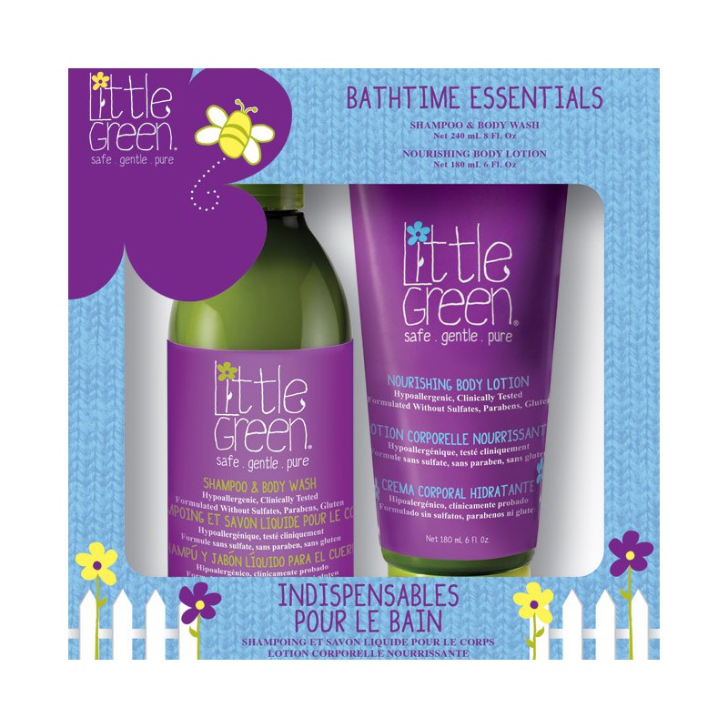 Plaukų ir kūno priežiūros priemonių rinkinys vaikams Little Green Bathtime Essentials LGKBE19, rinkinį sudaro: plaukų šampūnas ir kūno prausiklis vaikams 240 ml ir kūno losjonas vaikams 180 ml