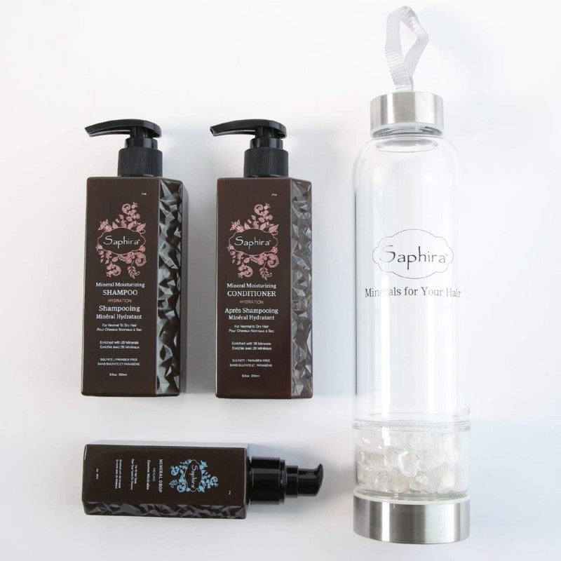 Набор для ухода за волосами Saphira Hydrate Cylinder Box SAFHCB, включает 3 продукта с минералами Мертвого моря и стеклянный стакан + подарочный продукт для волос Previa